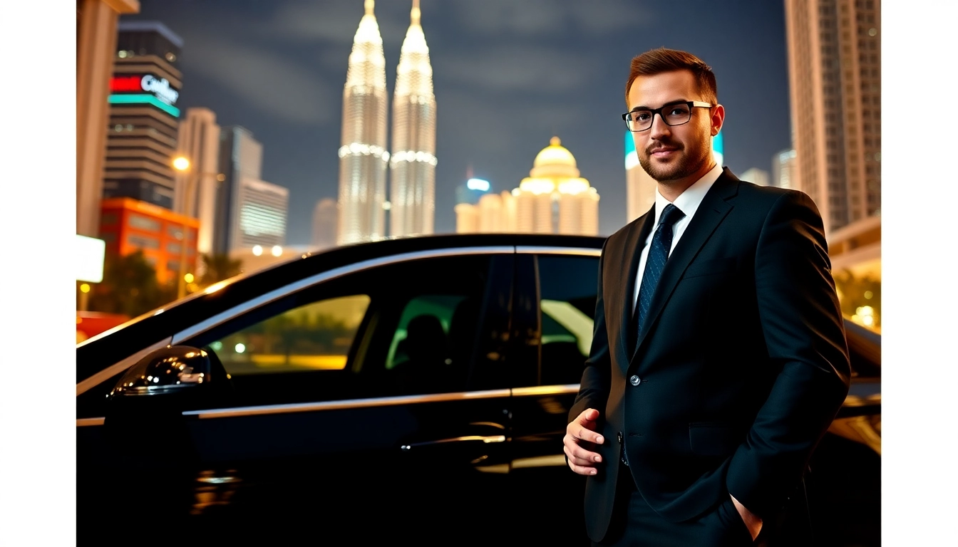 Experience a cheap car rental with driver in Kuala Lumpur, featuring a professional chauffeur beside a luxury vehicle.