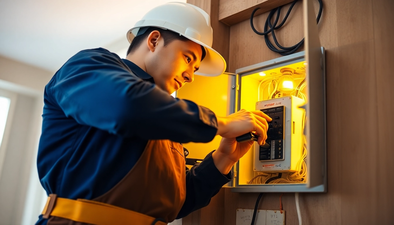 Electrician Notdienst: Skilled electrician repairing a circuit breaker with professional tools.