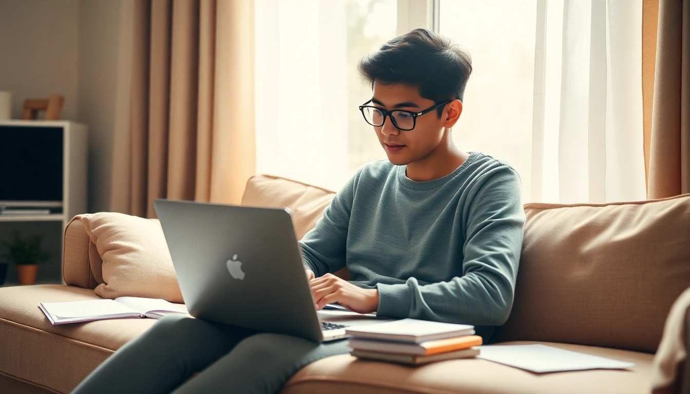 Student focused on the Duolingo English practice test on a laptop in a cozy study environment.