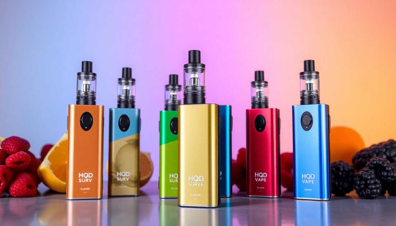 Discover HQD Surv kaufen – vibrant flavors of the sleek vape devices displayed in an elegant arrangement.