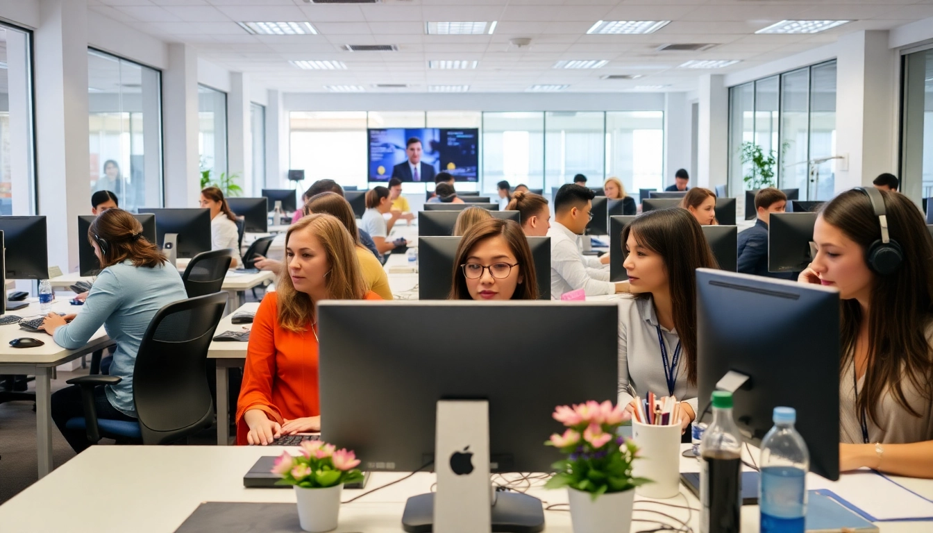 Agents working effectively in Tijuana call centers demonstrating teamwork in a vibrant office setting.