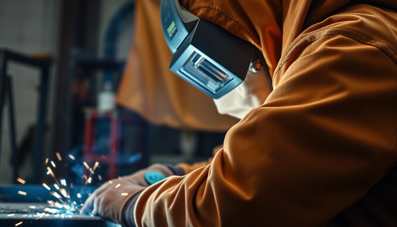 Welder operating with a welding jacket, showcasing its flame-resistant fabric and protective features.