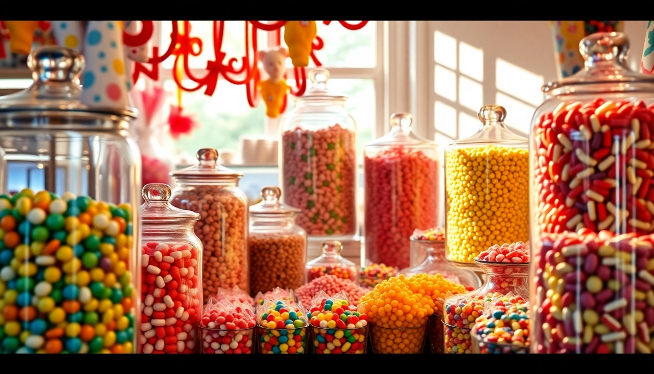 Find a candy store near me with a delightful display of colorful candy jars and sweets