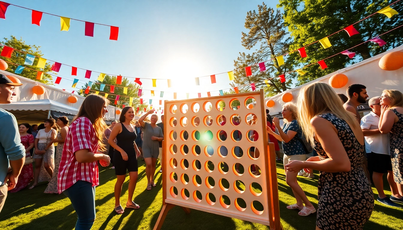 Guests enjoying a lively game of Giant Connect Four at an outdoor event with colorful props.