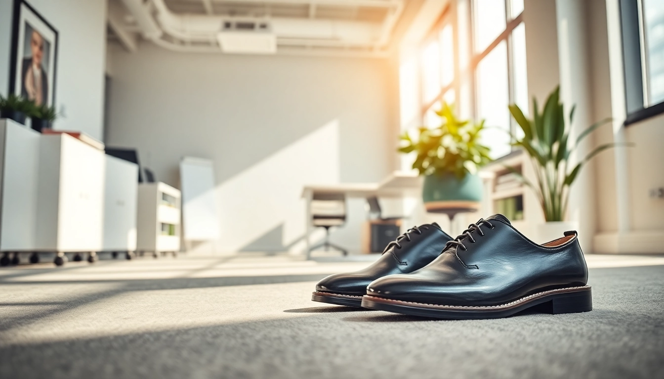 Stylish work shoes positioned in a professional office setting, highlighting the concept of More Info about professional attire.