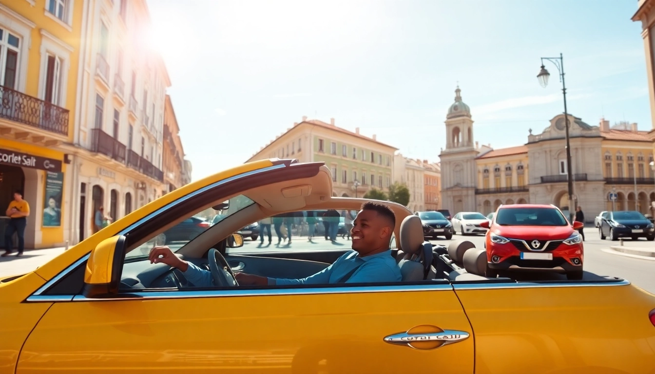 Enjoy a cheap car rental with driver Lisbon, featuring a friendly driver in front of a Lisbon landmark.