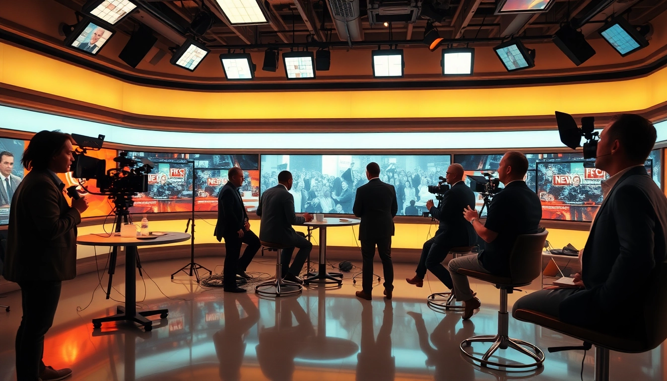 Newsroom scene with journalists examining the latest news updates and reports.