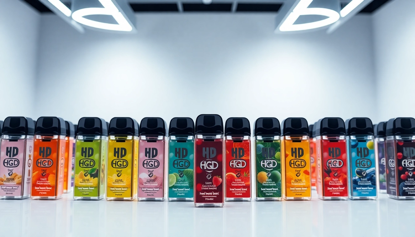 Experience the taste of Hqd Pods with a colorful display of various flavors in a sleek environment.