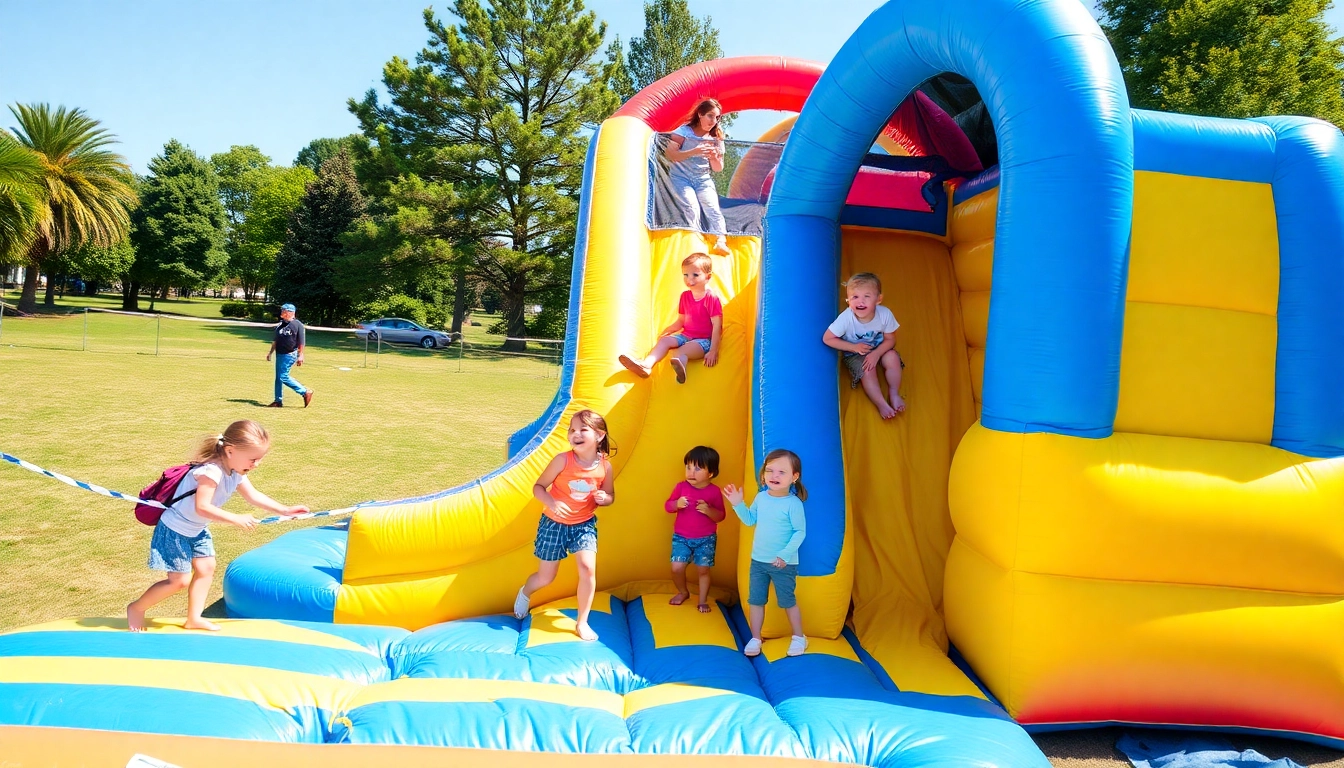 Children enjoying a fun slide rental at an outdoor event, showcasing excitement and vibrant colors.