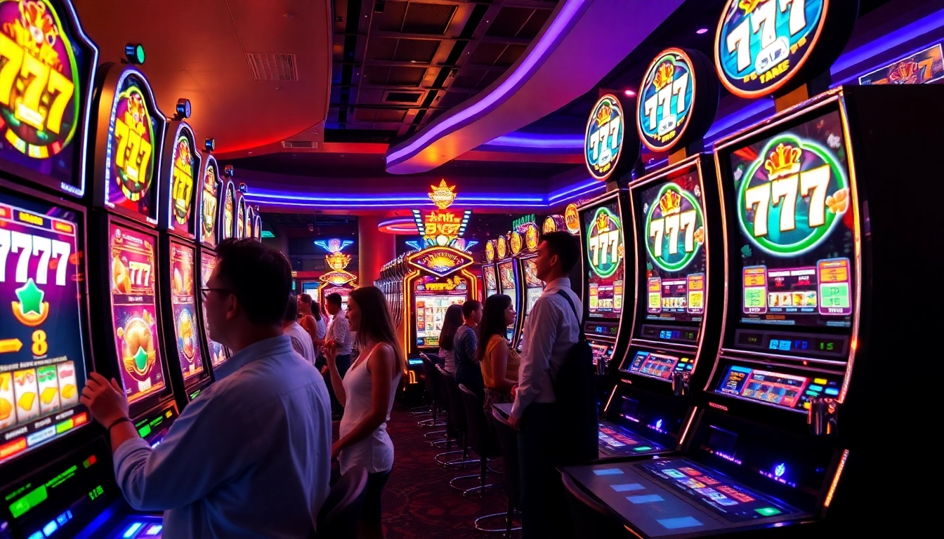 Engage with สล็อต777 slot machines in a vibrant casino environment filled with excitement and colorful lights.