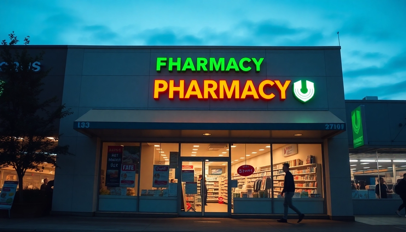 Find a pharmacy near me showcasing a welcoming storefront with bright signage and an inviting atmosphere.