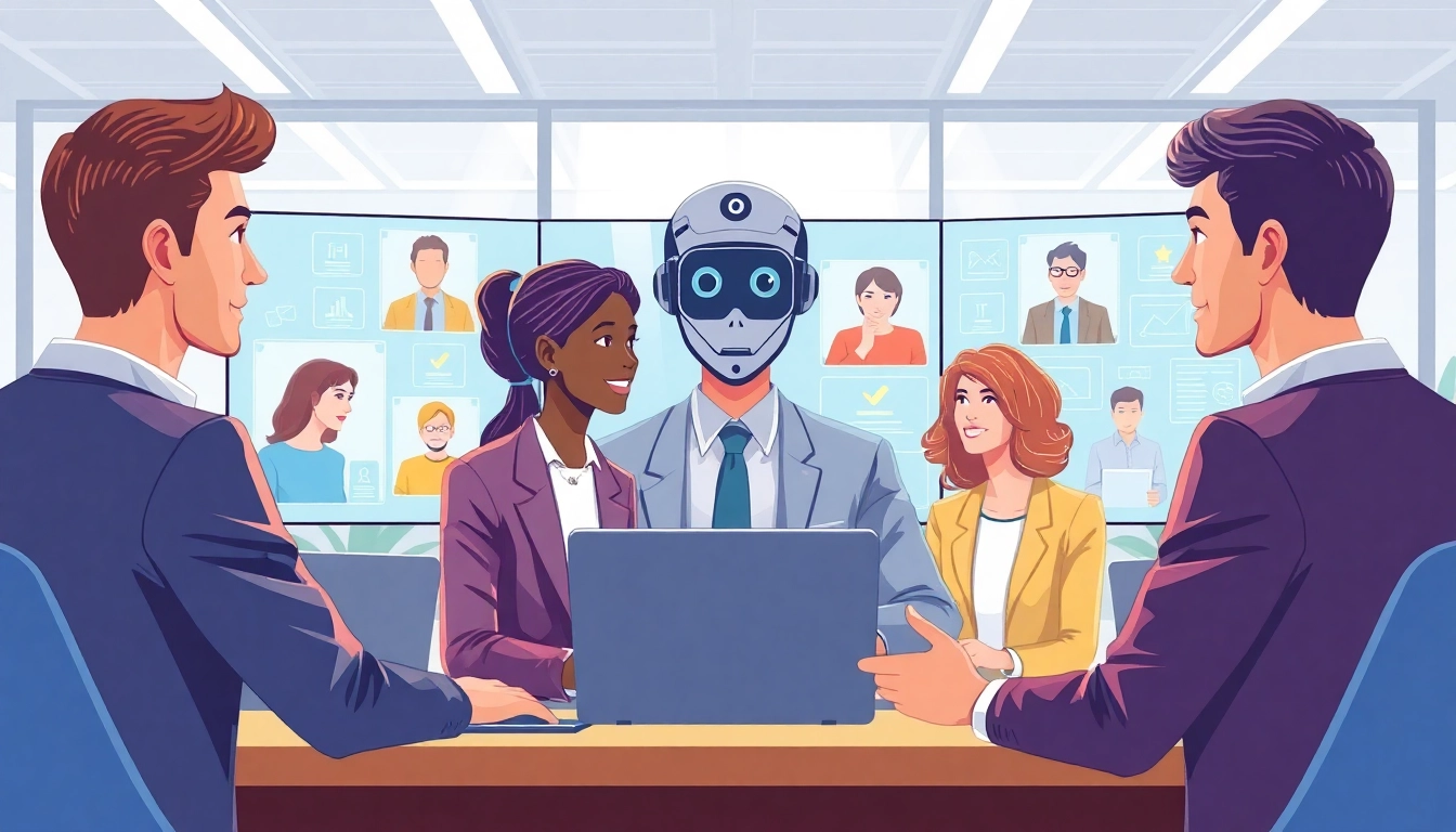 A dynamic Human AI Outreach agent facilitating client communications through advanced technology in a modern office setting.