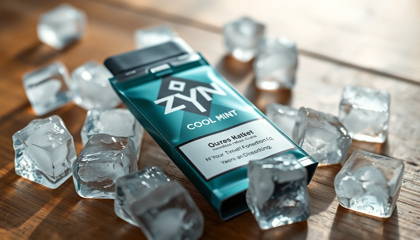 Showcasing Zyn Bahrain Cool Mint nicotine pouch surrounded by ice, creating a refreshing vibe.