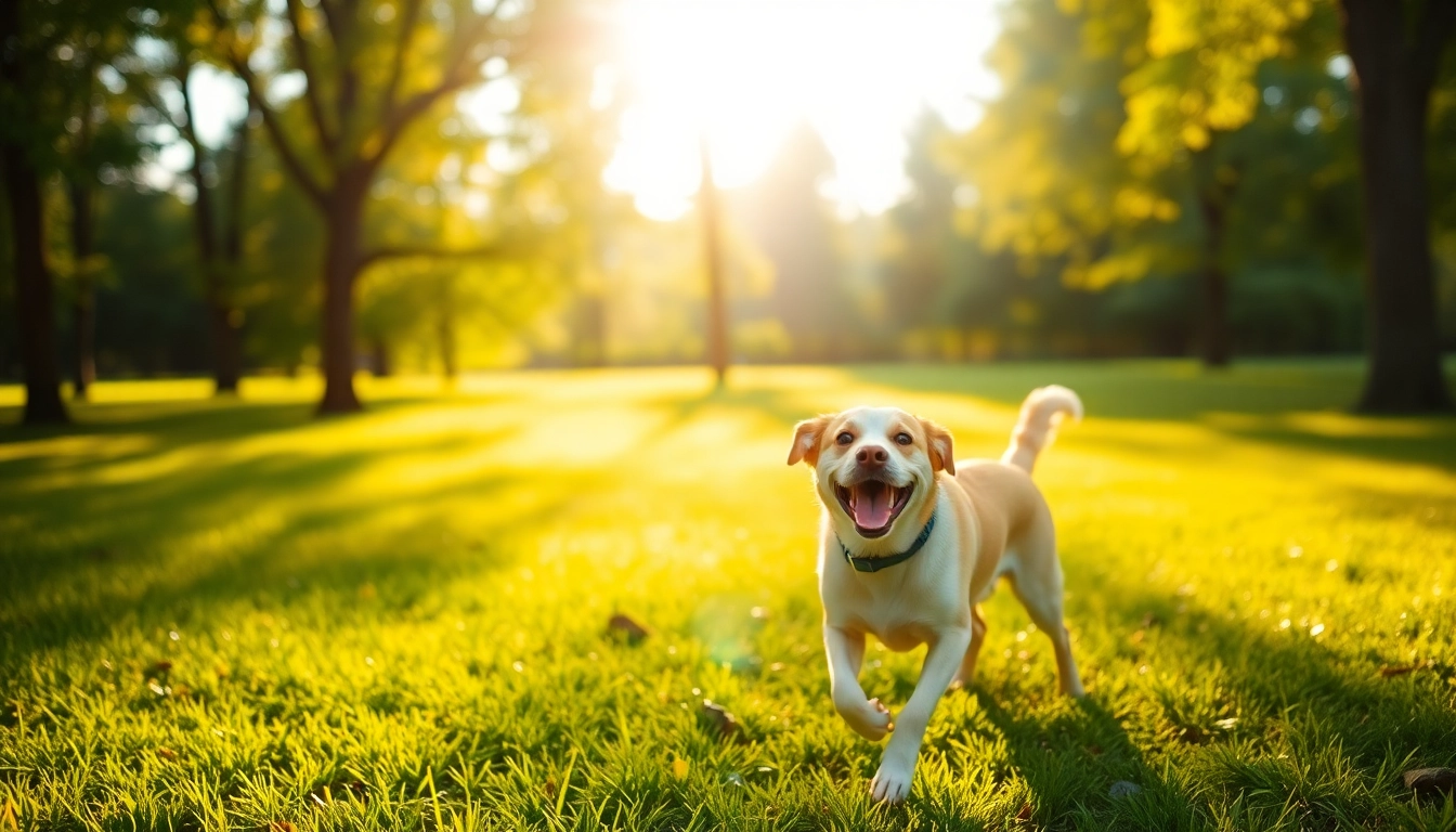 Kate's K9 Pet Care showcases a joyful dog playing in a sunny park, emphasizing pet happiness.