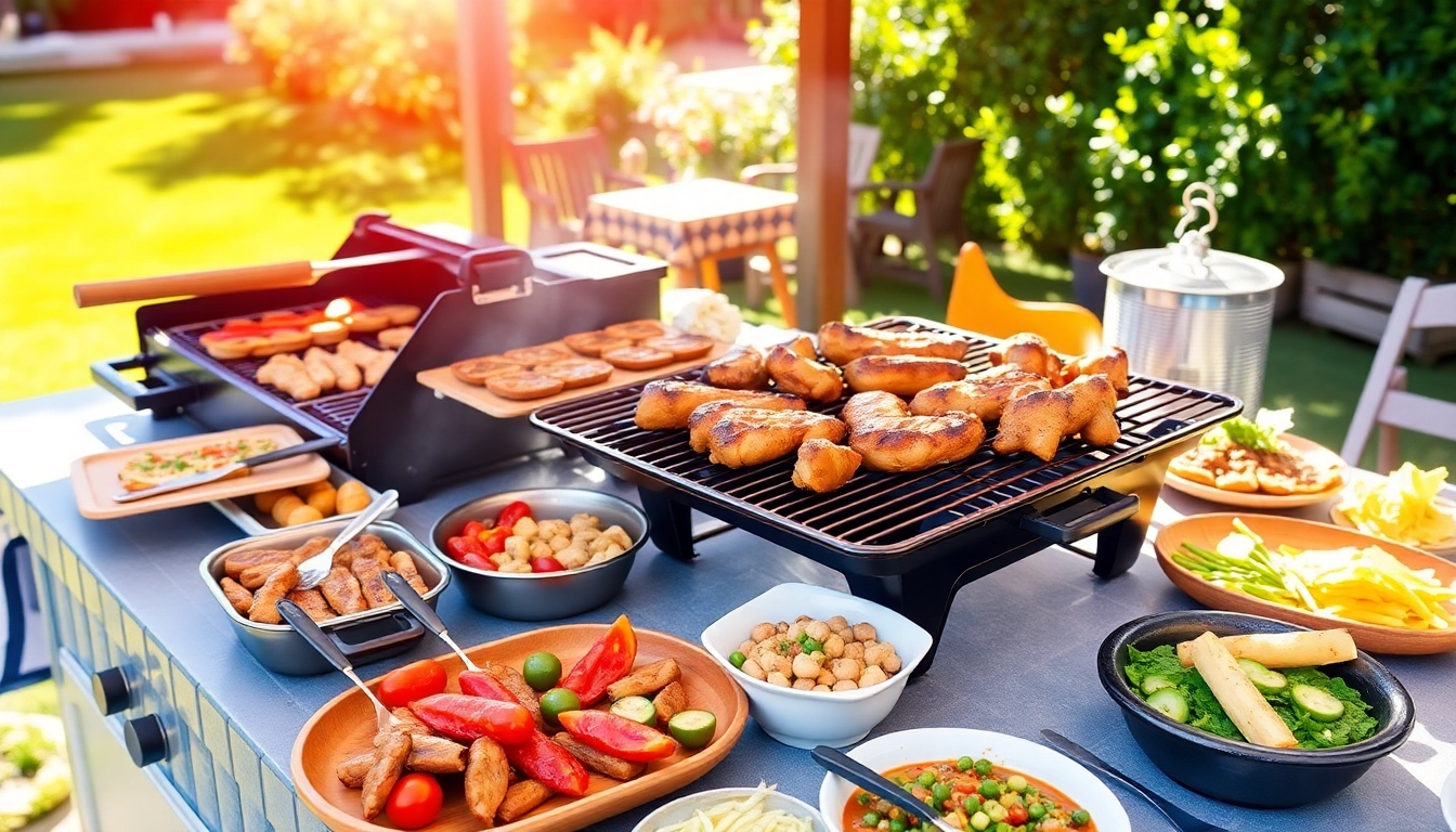 Enjoying a Grillbuffet und BBQ in Berlin with catering services featuring grilled meats, fresh salads, and lively decor.