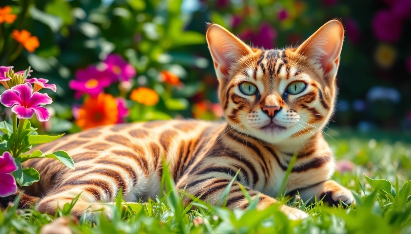 Registered Bengal Breeder showcasing a striking Bengal cat with beautiful rosetted patterns in a lush garden setting.