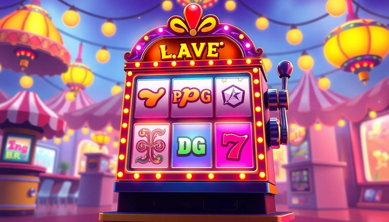 Engage in thrilling สล็อตpg gameplay with a vibrant slot machine amidst a lively carnival.