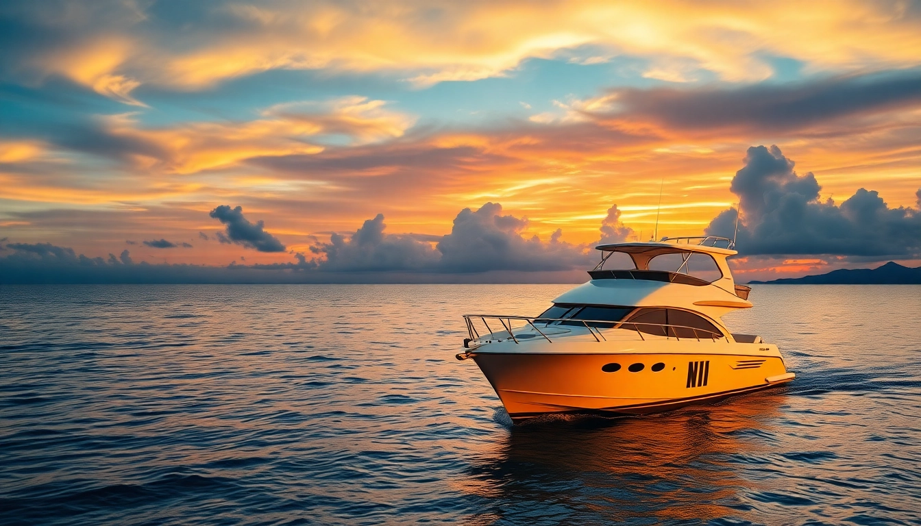 Showcasing a luxurious cabin cruiser moored in a tranquil bay at sunset, highlighting its elegant design.