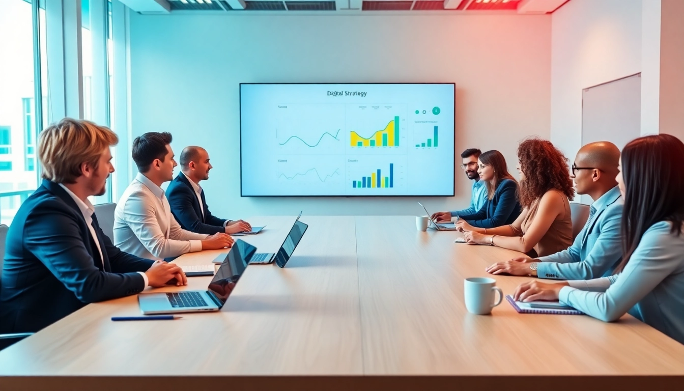Team collaborating on a digital strategy presentation during a vibrant business meeting.