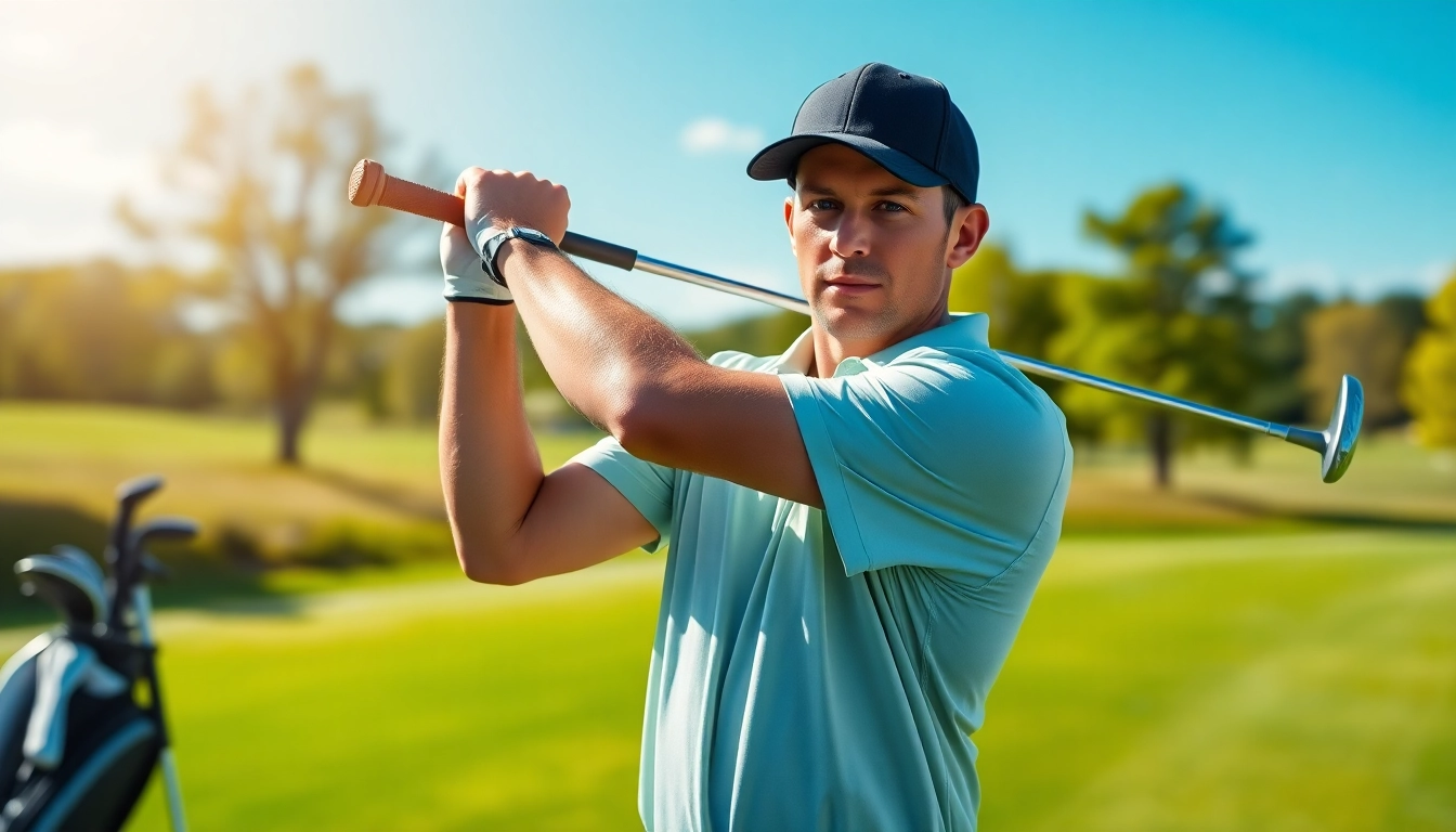 Golfer practicing with a golf swing training aid on the course, enhancing swing technique.
