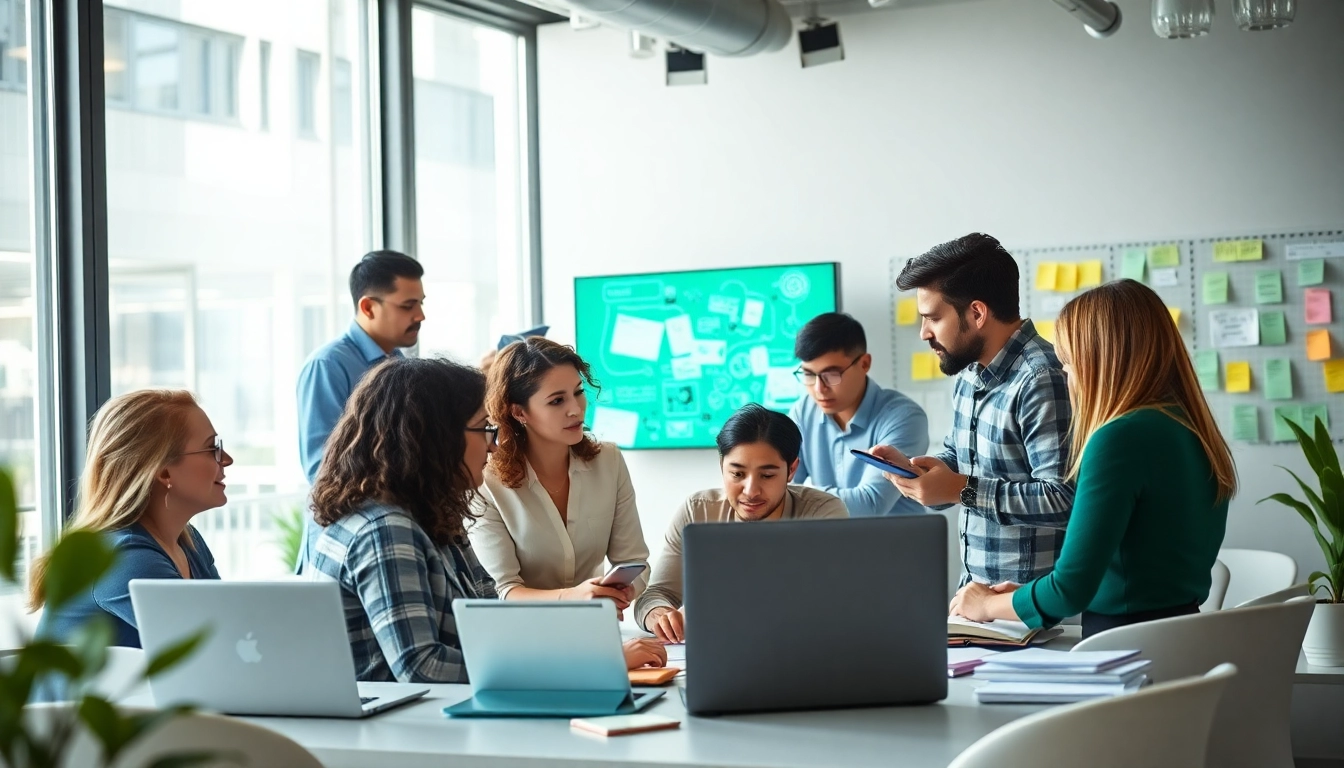 Content Agency professionals brainstorming strategies in a vibrant, modern office environment.