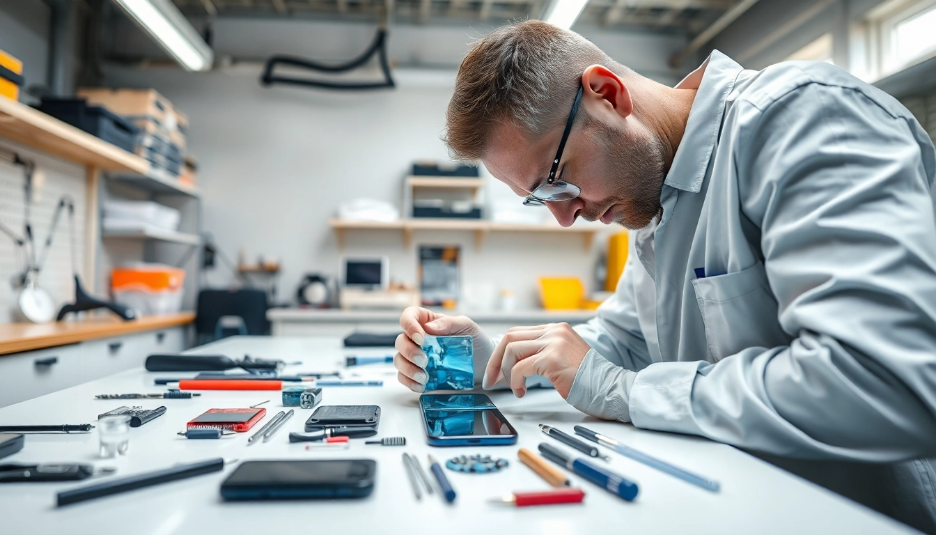 Riparazione iPhone Torino con un tecnico che lavora su un dispositivo utilizza strumenti professionali.