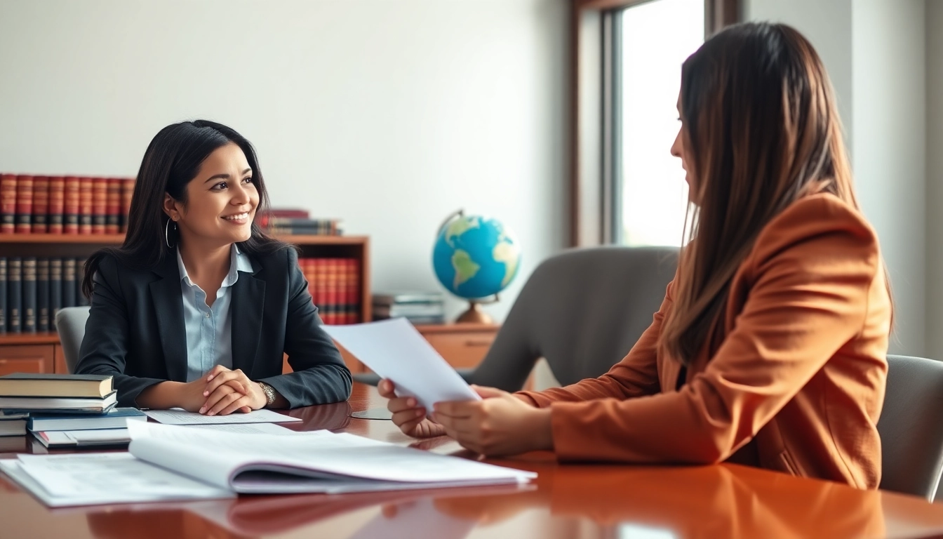 Abogada de inmigracion consulting with a client in a welcoming office environment.