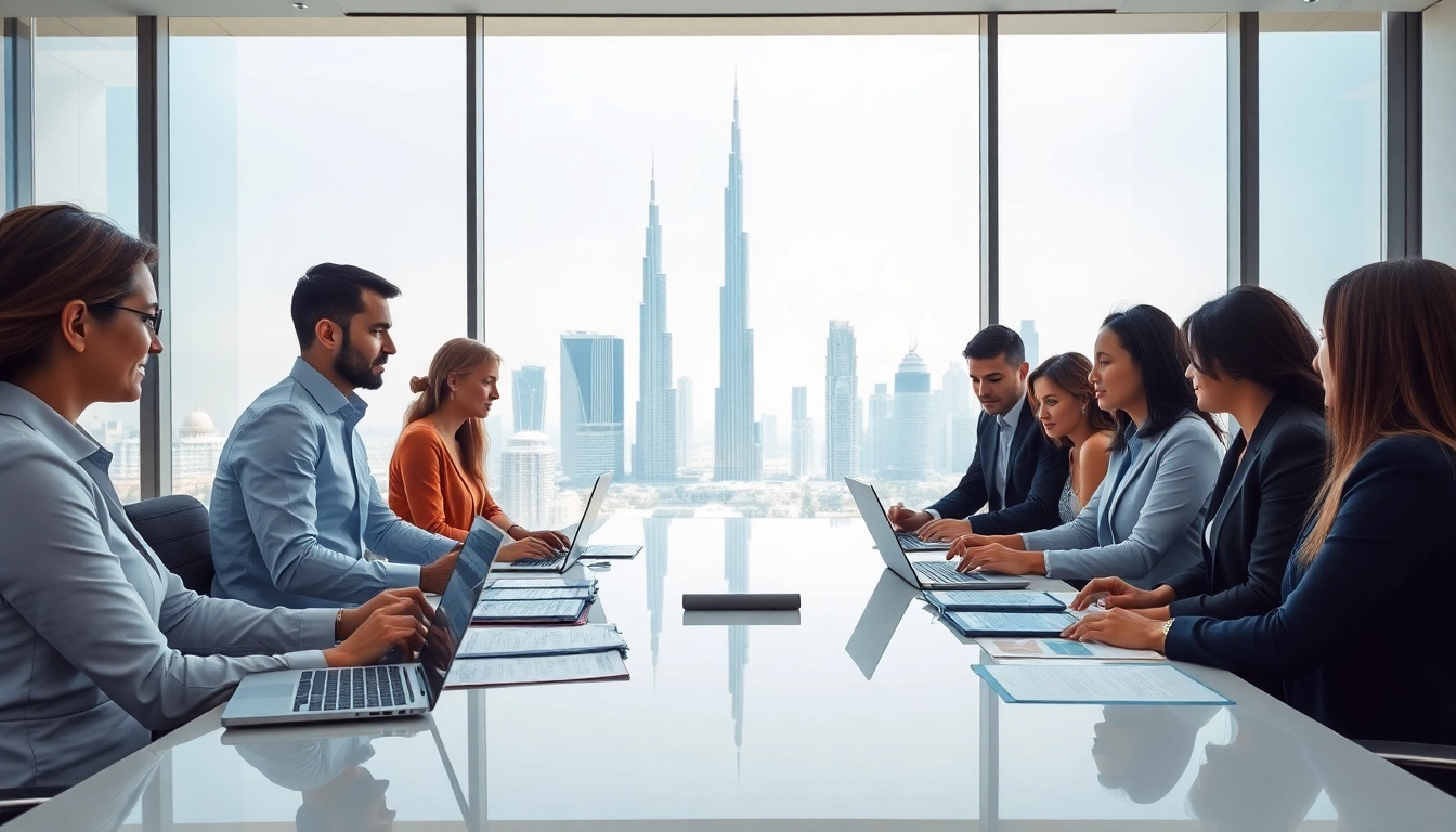 A diverse team discussing trademark registration in Dubai, emphasizing brand protection and professional collaboration.