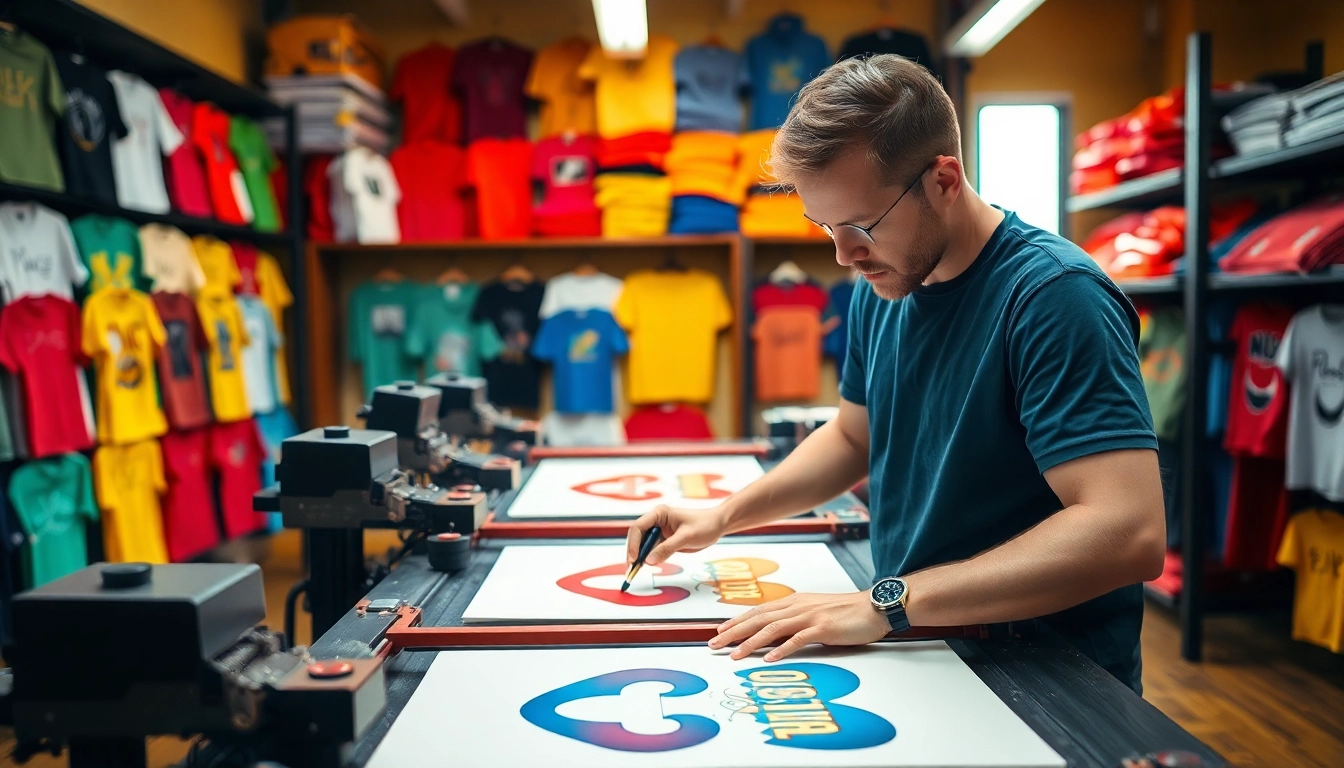 Creating custom t shirt printing edmonton designs in a vibrant printing workshop.