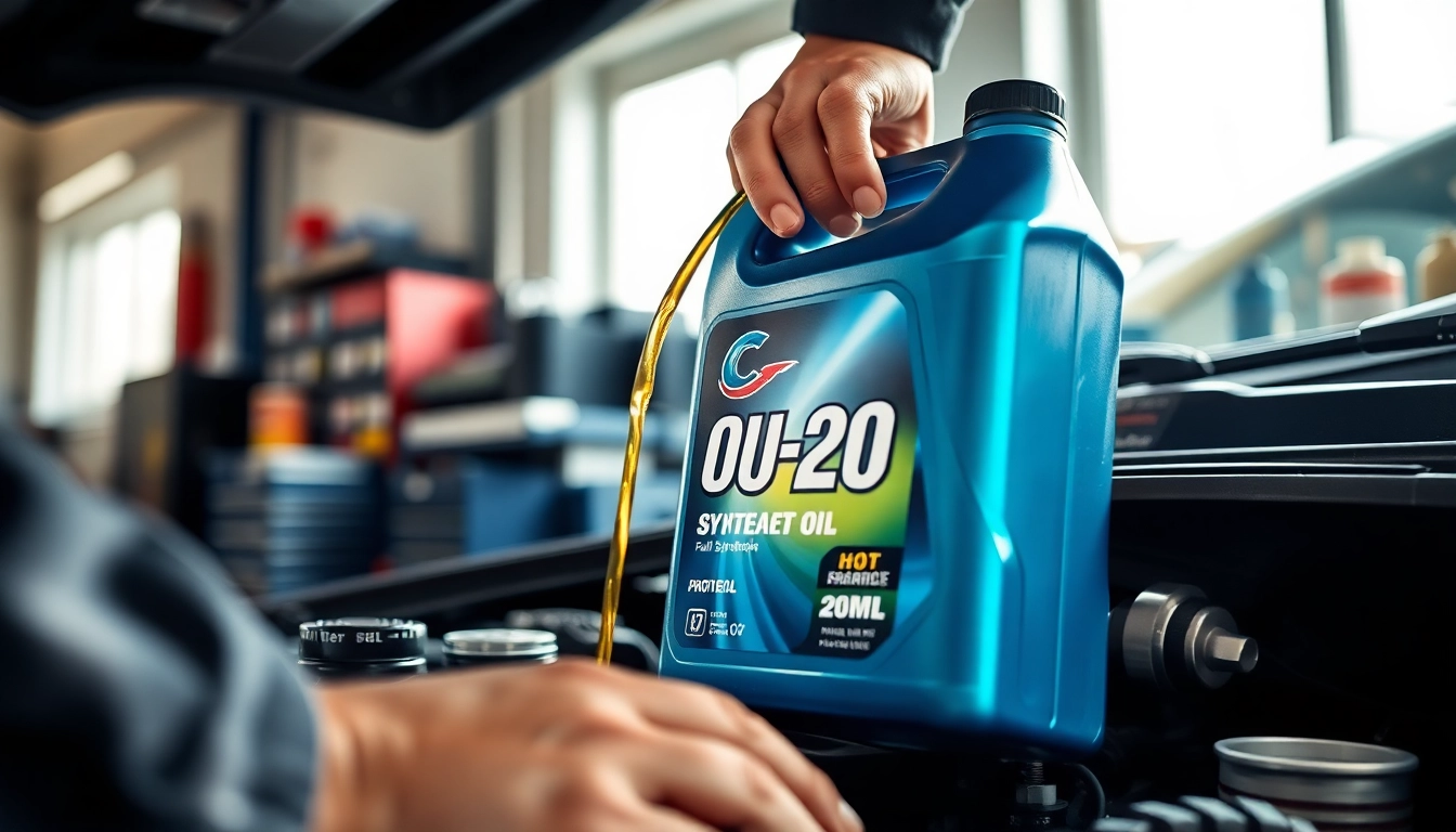 Pouring 0w-20 full synthetic motor oil into a vehicle during an oil change, showcasing expert maintenance.