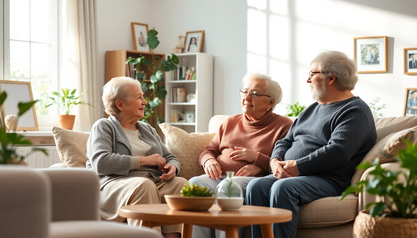 Austin senior home care assistance in a welcoming living room with a caregiver and senior couple.