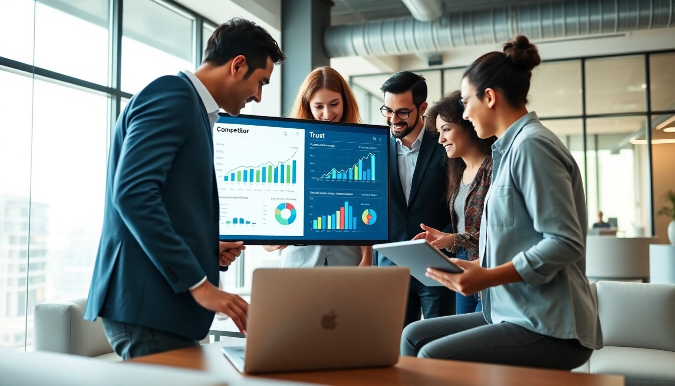 Conducting a competitor analysis with a focused business team analyzing data and strategies.