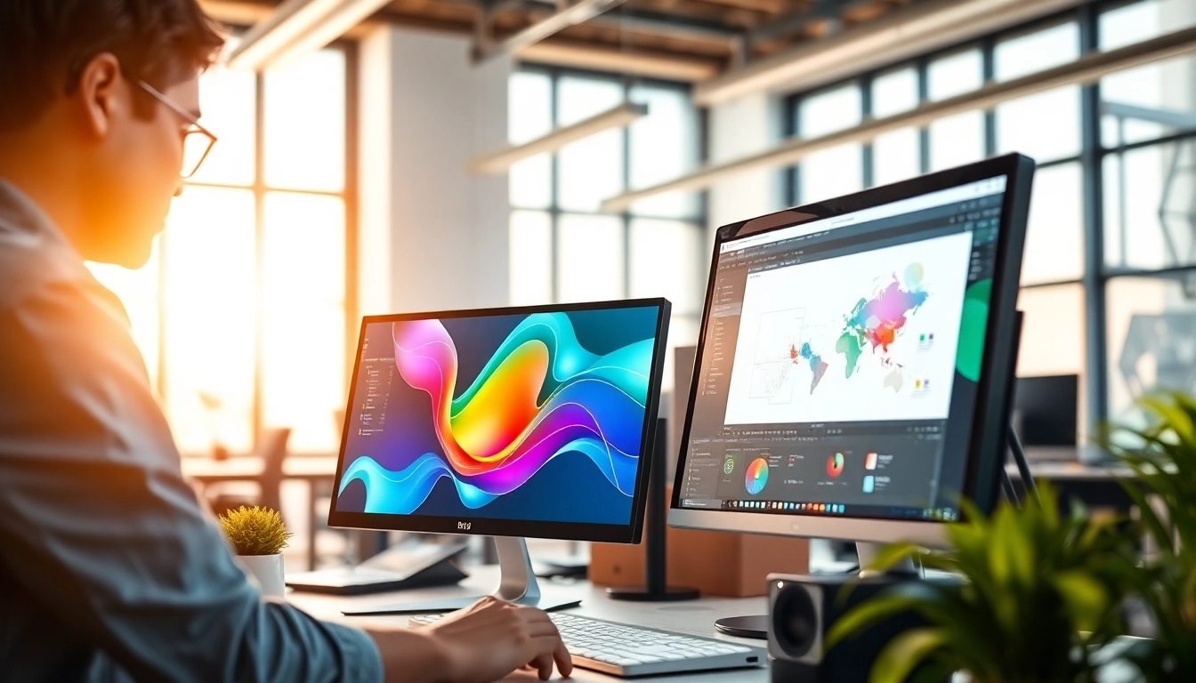 Illustration of AI design solutions being used in a modern professional workspace.