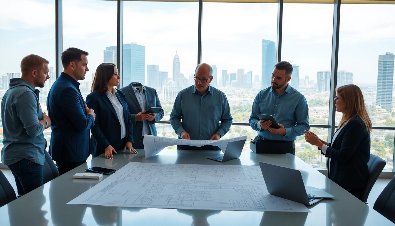 Southern California contractors association members collaborating on project blueprints in a modern conference room.