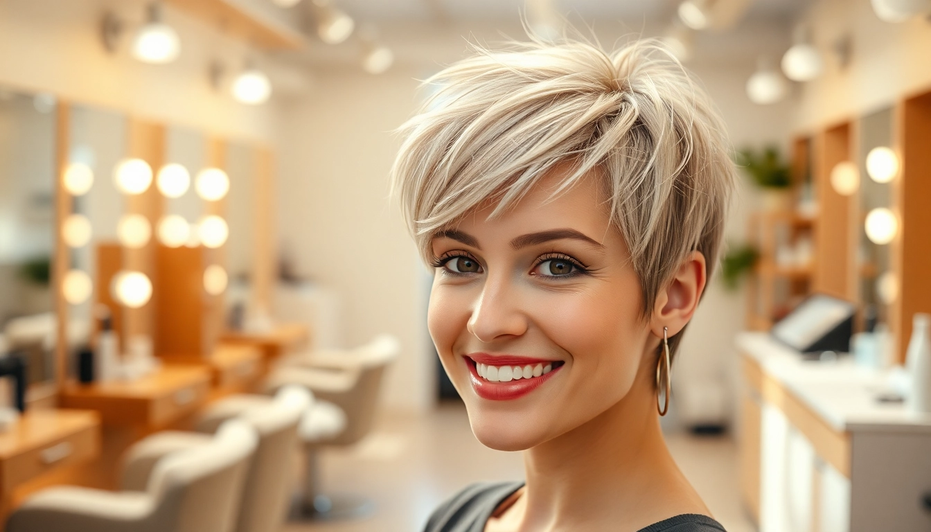 Stylish woman flaunting haircuts for fine hair with a modern pixie cut in a vibrant salon setting.