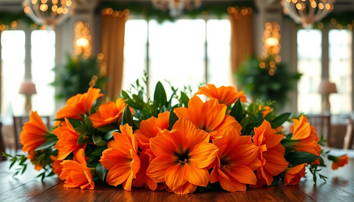 Beautiful centerpiece created by an Orange County event florist showcasing vibrant orange blooms and greenery.