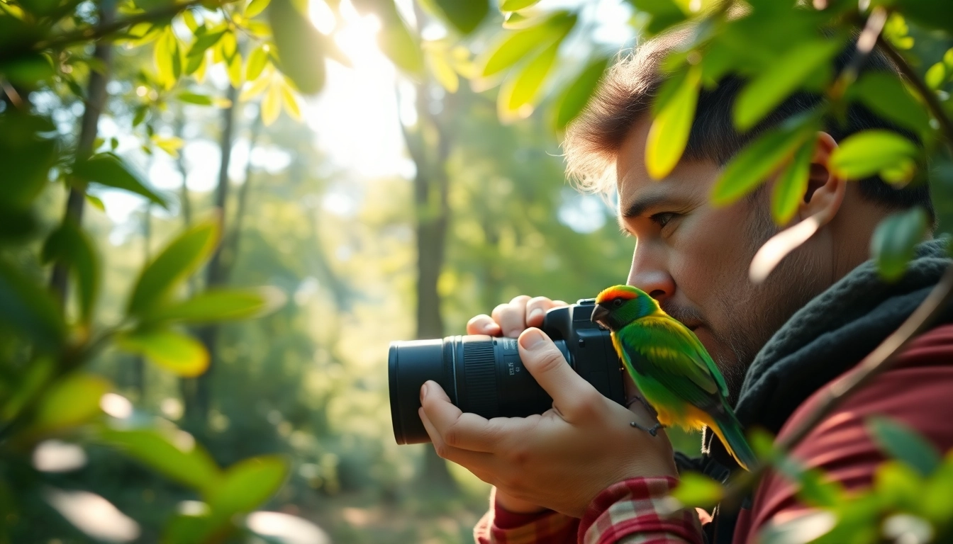 Photographer from www.sudswild.com engaging with wildlife, capturing a colorful bird in a tranquil forest.