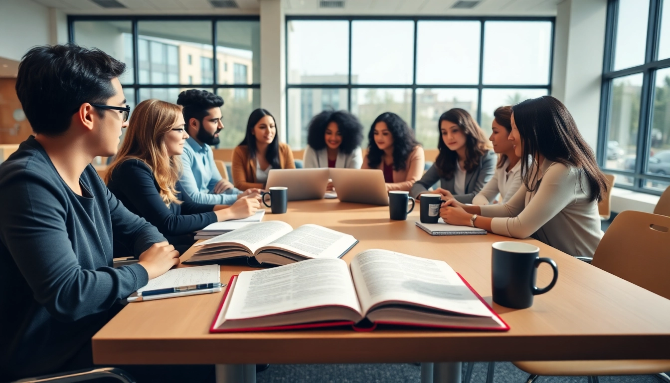 Students actively collaborating at San Luis Obispo College of Law in a vibrant classroom.