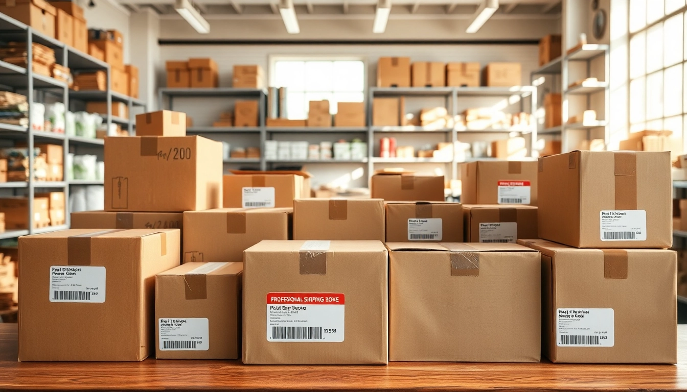 Explore an array of shipping boxes displayed elegantly in a bright packing store.