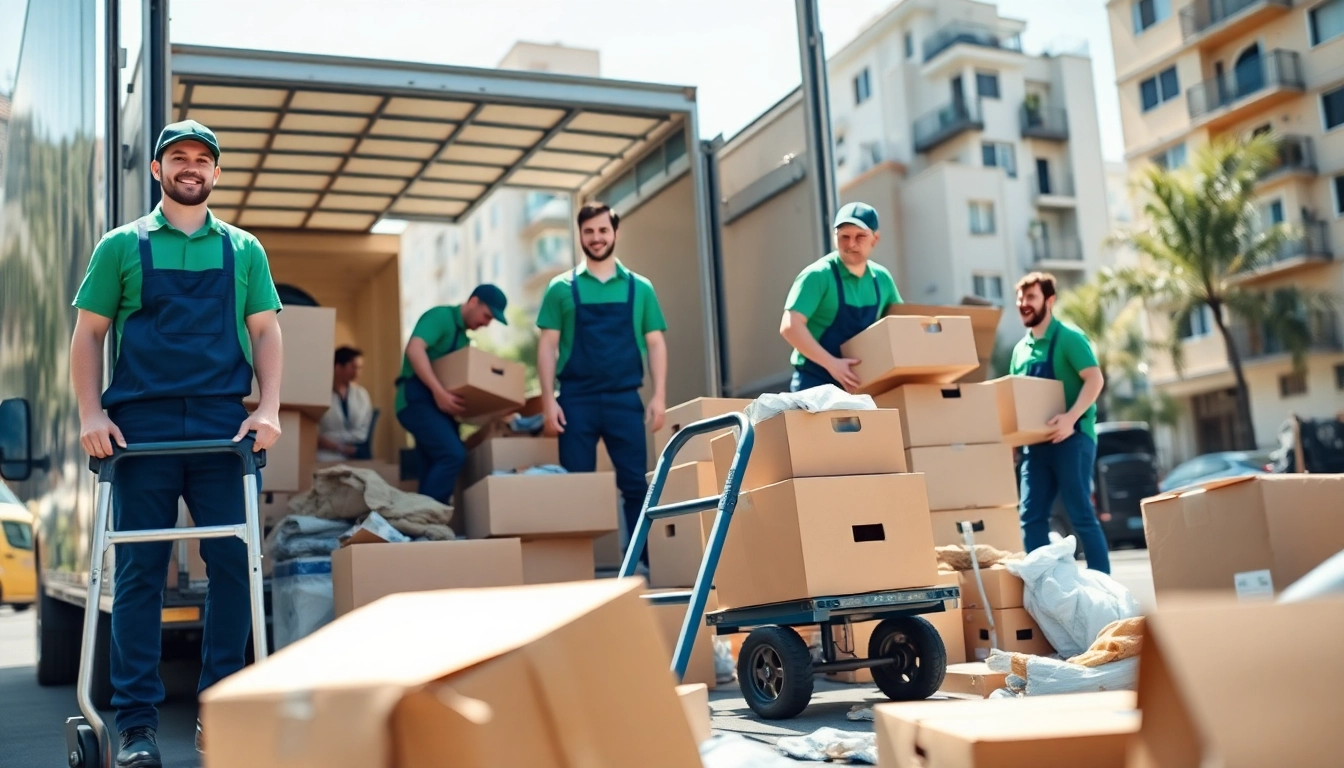 Experienced movers from removal companies near me efficiently pack items in a bright urban setting.