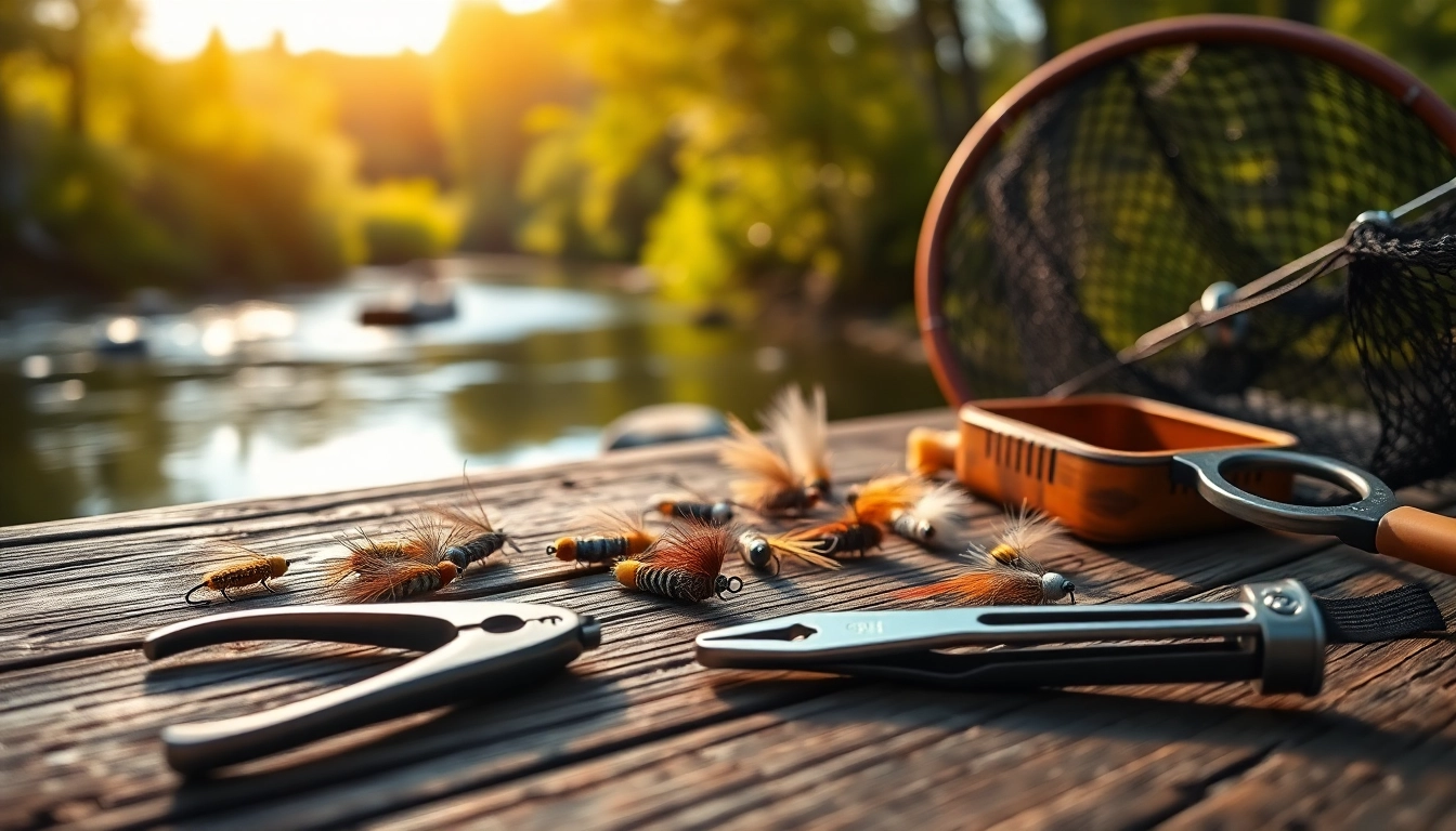 Showcasing fly fishing accessories like nippers and flies on a rustic table by a river.