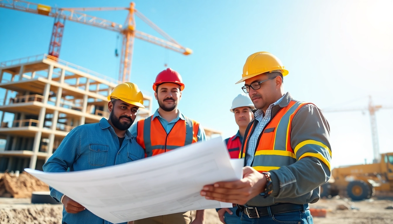 Engaged Southern California contractors collaborating on a construction project at a sunny site.
