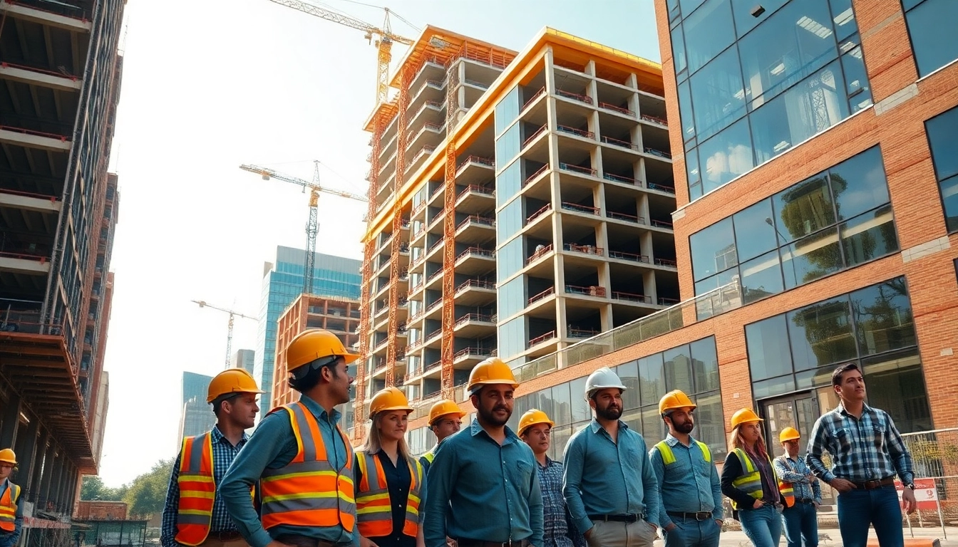 Austin construction site with diverse workers collaborating on a building project in a vibrant setting.