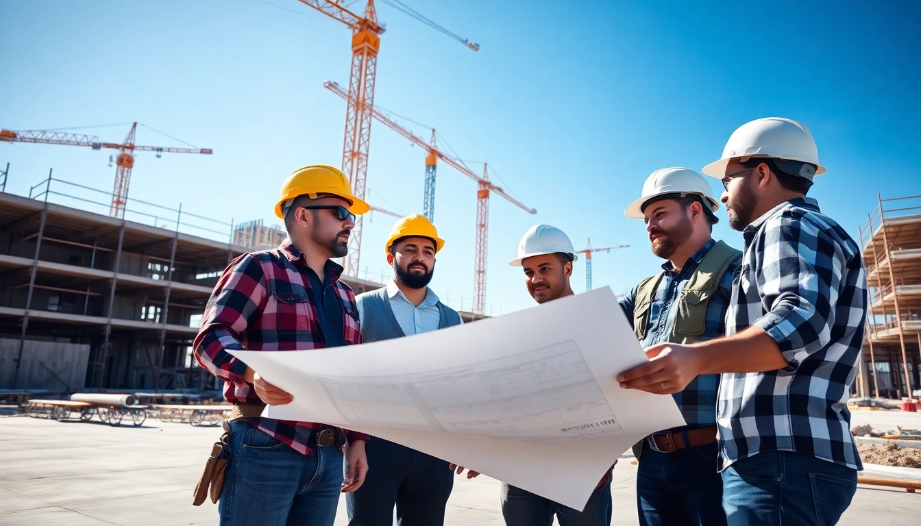 Austin construction workers collaborating on-site with cranes and blueprints, highlighting teamwork.