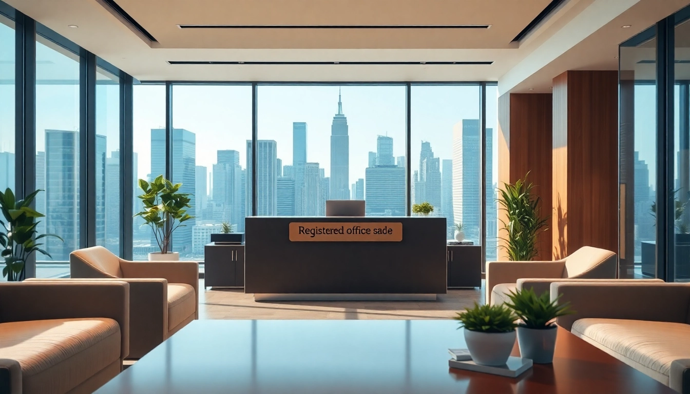 Display a registered office address highlighted in a bright professional office space with a welcoming environment.