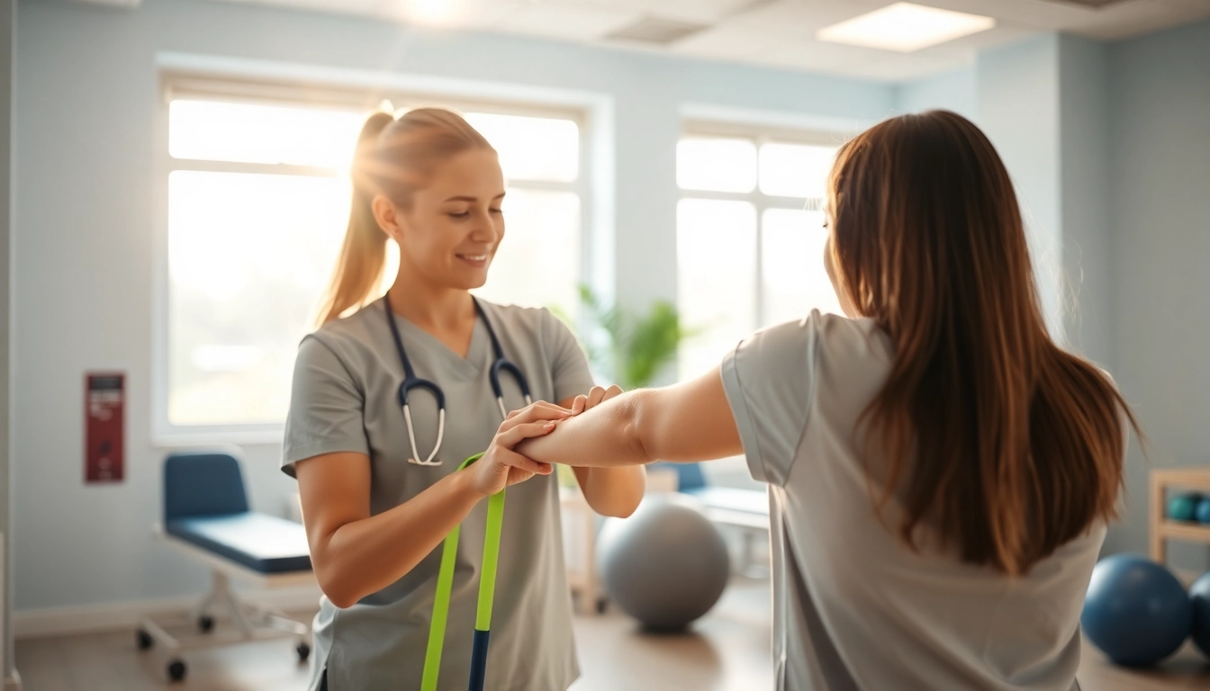 Experience physiotherapy near me with a caring professional therapist aiding a patient in treatment.