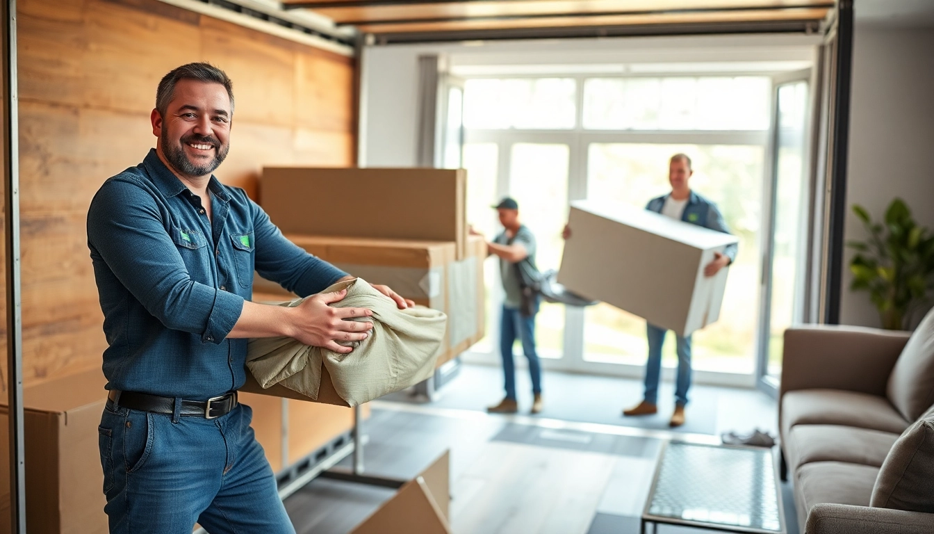 Moving company Canada team packing furniture with efficiency in a bright living room.