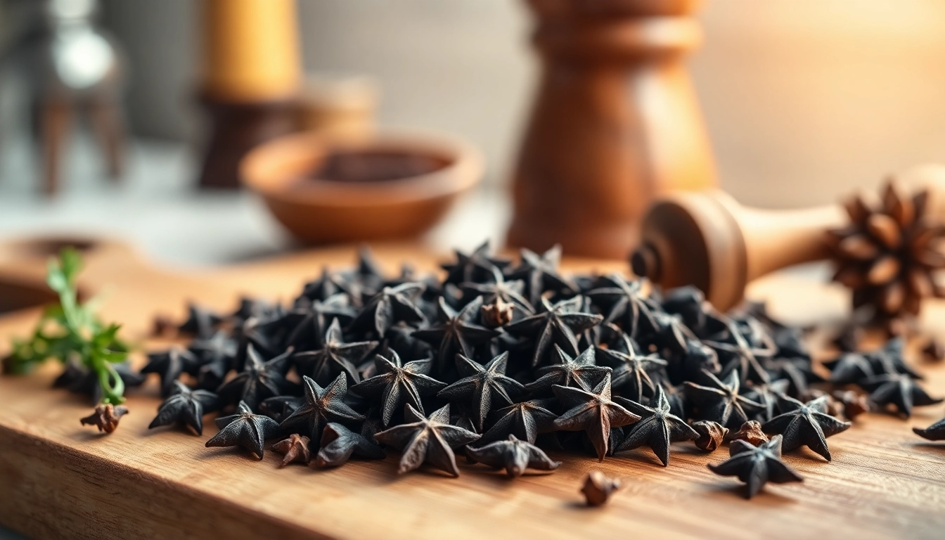 Whole cloves arranged on a wooden board, highlighting their aromatic star-shaped structure.