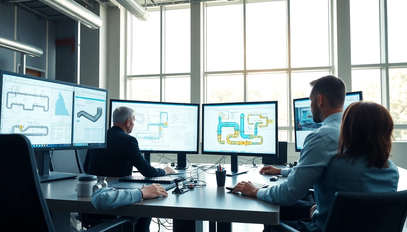 Analyzing pipe stress with experts at a leading pipe stress Company in a bright office setting.
