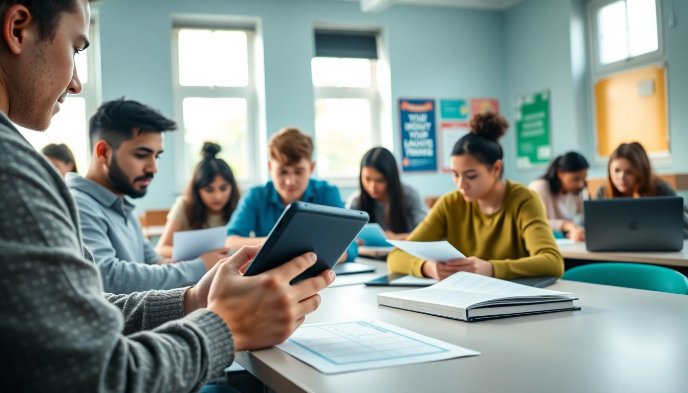 Enhance Duolingo English test practice with students studying and collaborating in a bright classroom.